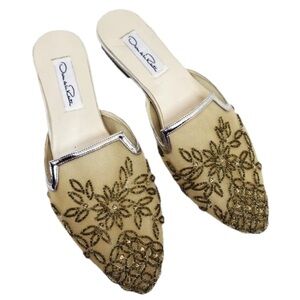 Oscar De La Renta Calista Mesh Beaded Floral Mule Slides Sandal Silver Gold 37.5